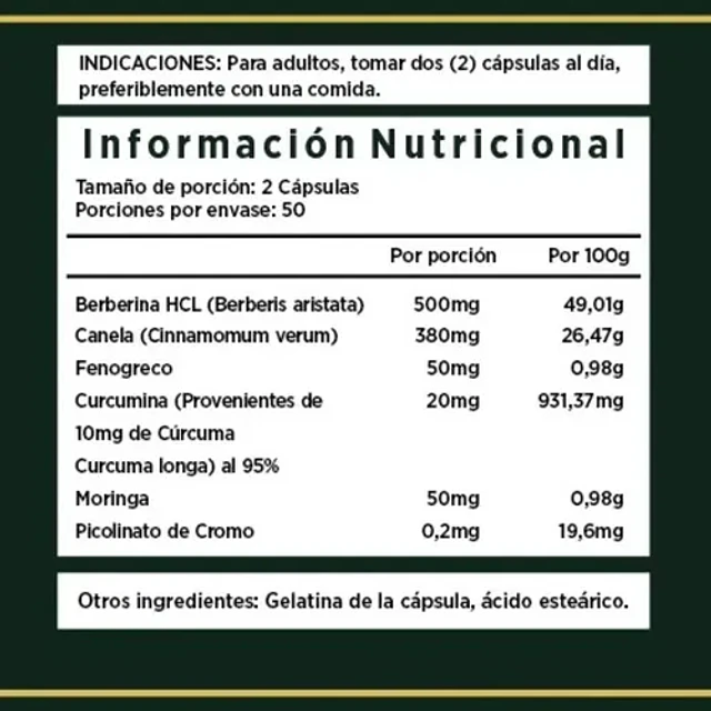Berberina 500mg con Canela y Cromo 100 Cápsulas