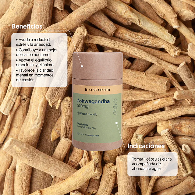 Ashwagandha 500mg Vegana Biostream 120 Cápsulas