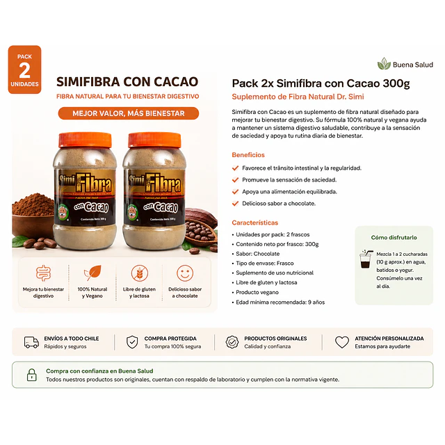 Pack 2 Simi Fibra con Cacao  x 300 g – Bienestar Digestivo Natural