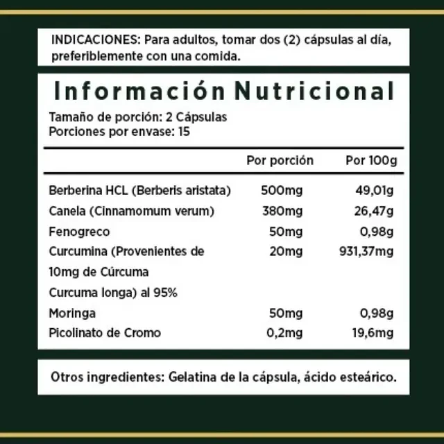 Berberina 500 mg con Canela y Cromo 30 Cápsulas