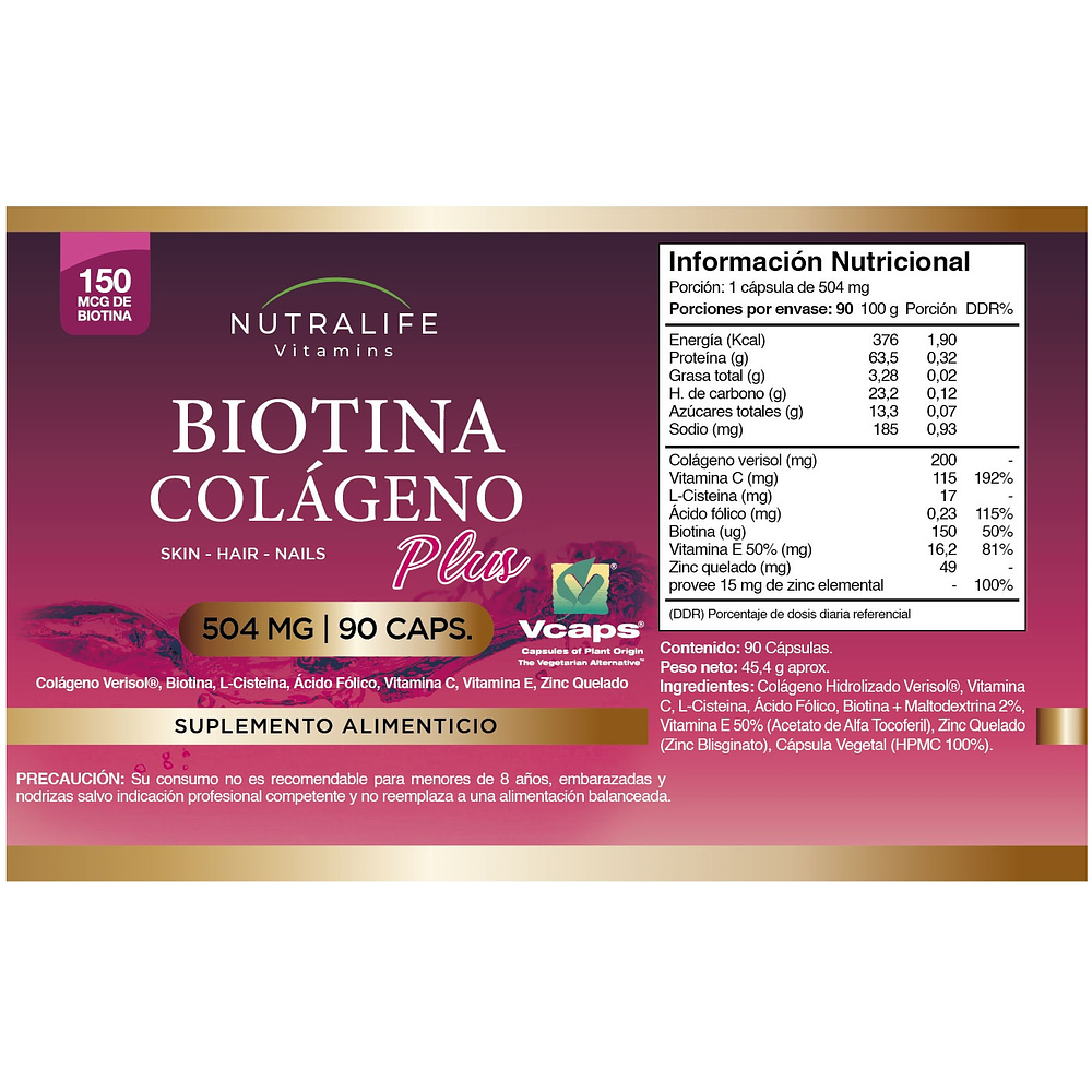 Biotina + Colageno + Zinc + Vitaminas E & C ++ Lf 180 Caps 2x90