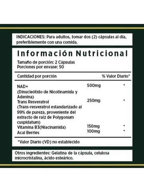 Nad+ Resveratrol 1000mg Nicotinamide Antienvejecimien — 100 cápsulas