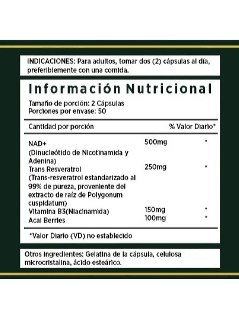 Nad+ Resveratrol 1000mg Nicotinamide Antienvejecimien — 100 cápsulas 2