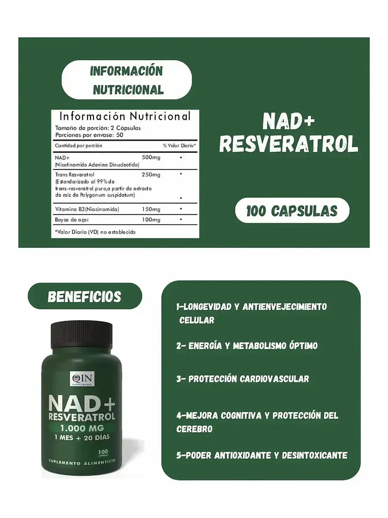 X3 Nad + Nicotinamide Resveratrol Premium 1000mg Qin — 300 cápsulas 6