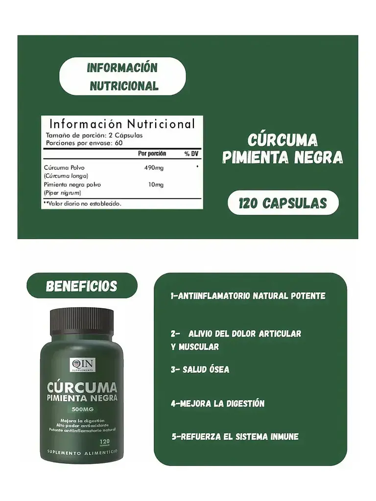 Cúrcuma Pimienta Negra Qin Supplements — 120 cápsulas 5