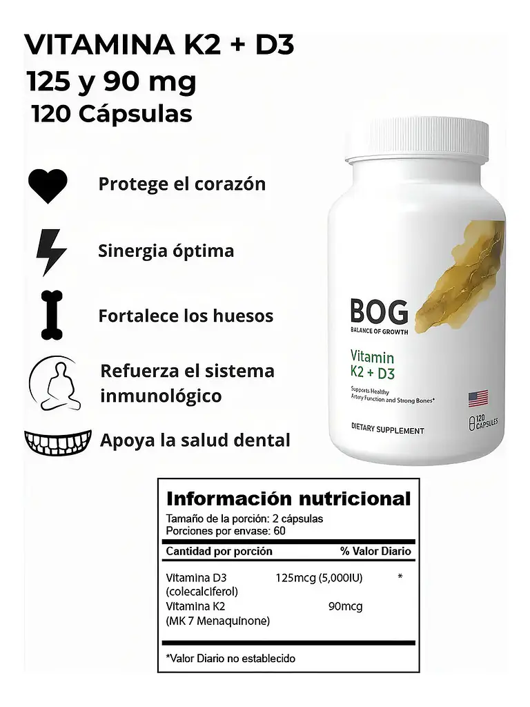 Vitamina K2 D3 Premium Bog Vegano Salud Ósea — 120 cápsulas 3