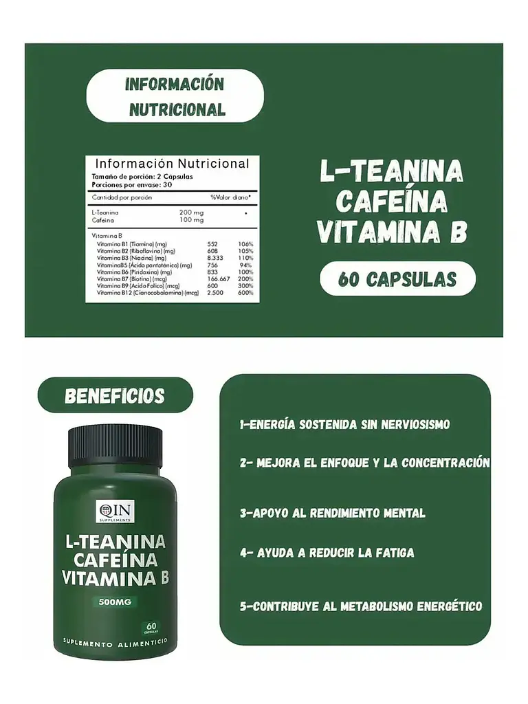 L-teanina + Cafeína + Vitamina B 500mg — 60 cápsulas 5