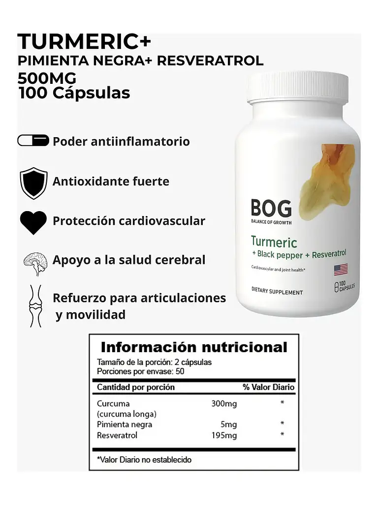 Cúrcuma + Pimienta + Resveratrol 500mg — 100 cápsulas 3
