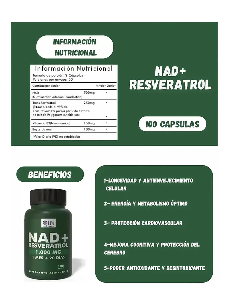 X2 Nad+ Nicotinamide Antienvejecimiento 1000mg — 200 cápsulas 6