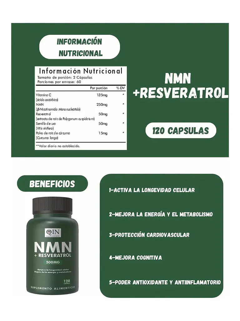 Nmn Nicotinamide 500mg Premium Qin Supplements — 120 cápsulas 6