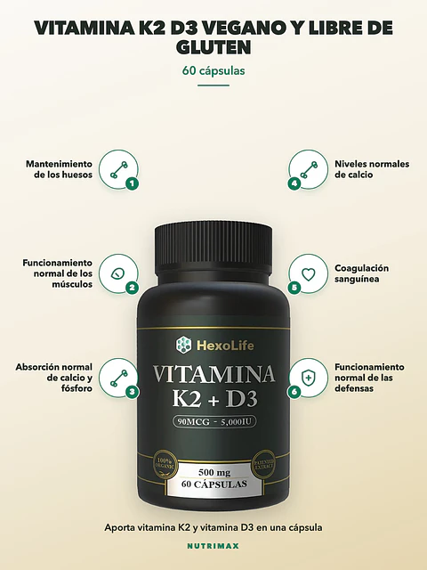 Vitamina K2 D3 Vegano y Libre de Gluten — 60 cápsulas