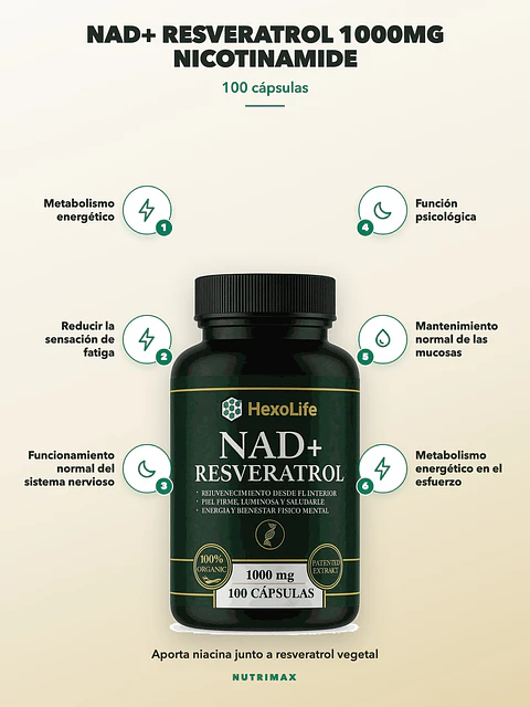 Nad+ Resveratrol 1000mg Nicotinamida Antienvejecimien — 100 cápsulas