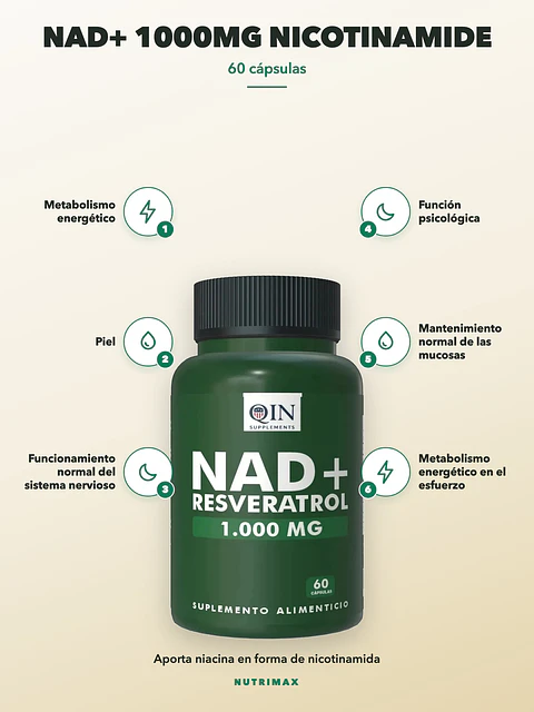 Nad+ 1000mg Nicotinamida Antienvejecimiento — 60 cápsulas