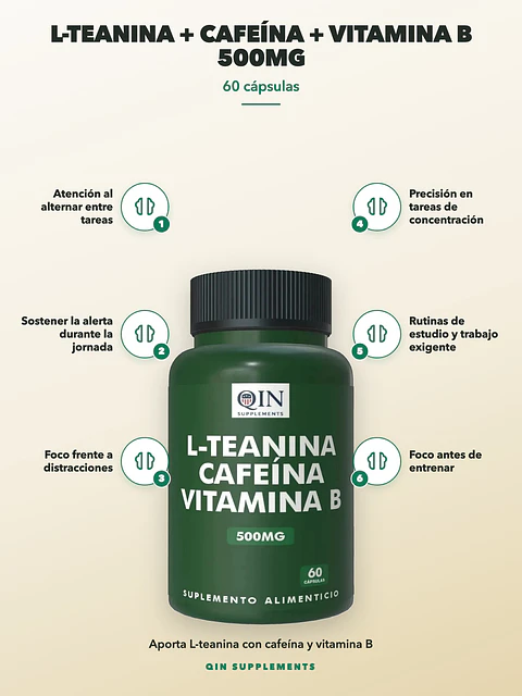 L-teanina + Cafeína + Vitamina B 500mg — 60 cápsulas