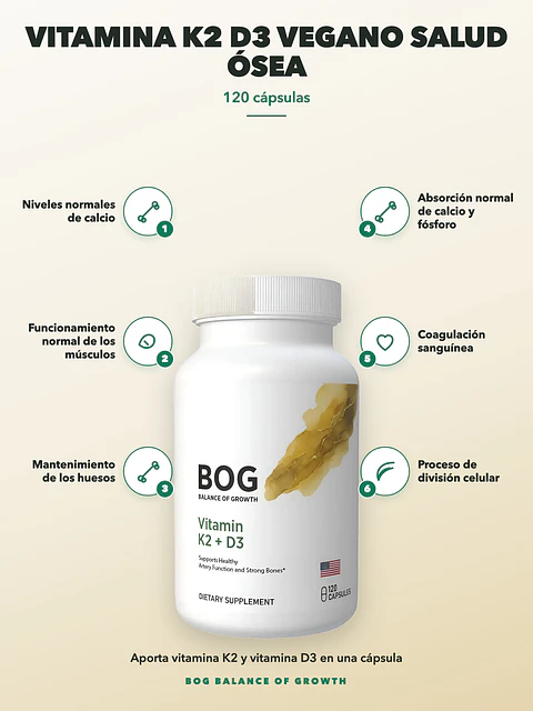 Vitamina K2 D3 Bog Vegano Salud Ósea — 120 cápsulas