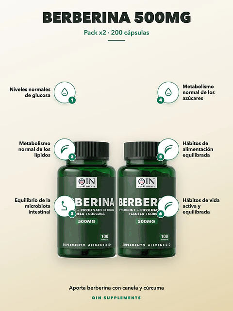 X2 Berberina 500mg Qin Supplements — 200 cápsulas (2 frascos de 100)