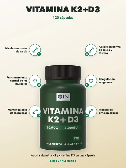 Vitamina K2+d3 Qin Supplements — 120 cápsulas