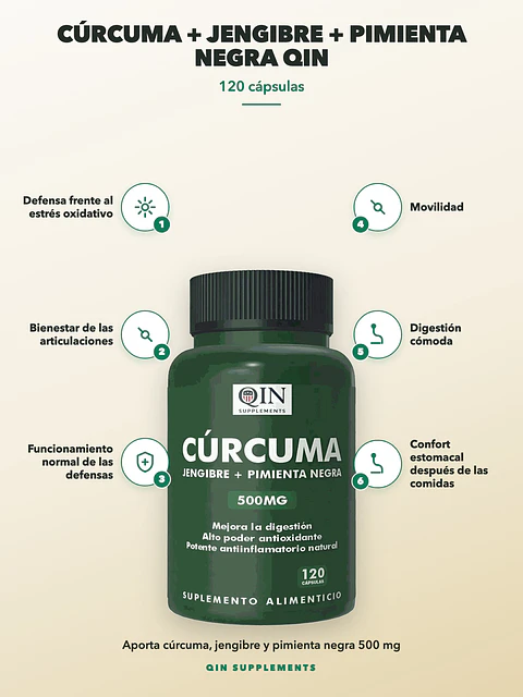 Cúrcuma + Jengibre + Pimienta Negra Qin — 120 cápsulas