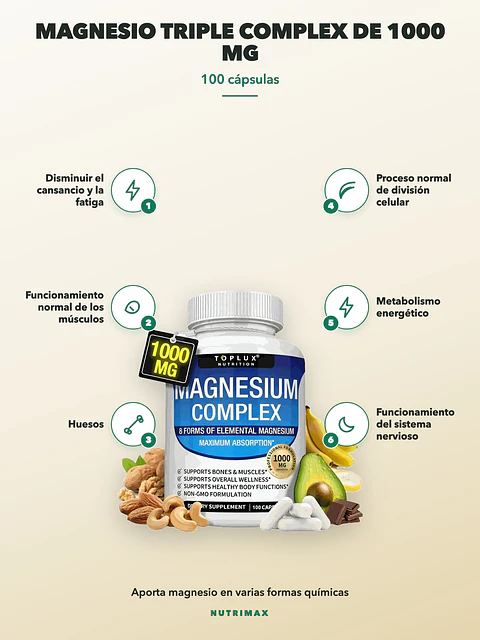 Magnesio Triple Complex Toplux de 1000 mg — 100 cápsulas