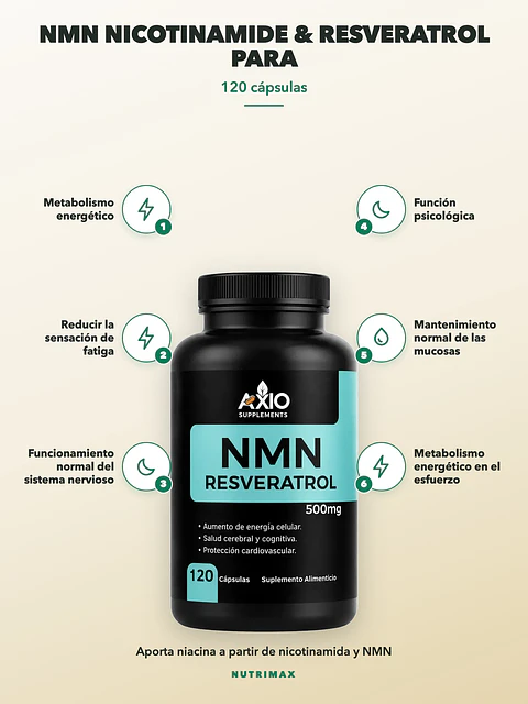 Nmn Nicotinamida & Resveratrol para Vitalidad y Bienestar — 120 cápsulas