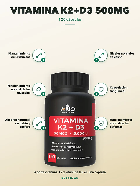 Vitamina K2+d3 500mg — 120 cápsulas