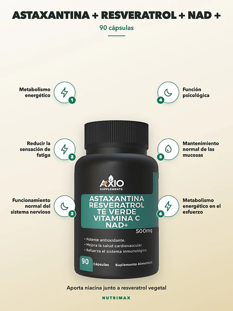 Astaxantina + Resveratrol + Nad + Vitamina C + Te Verde — 90 cápsulas