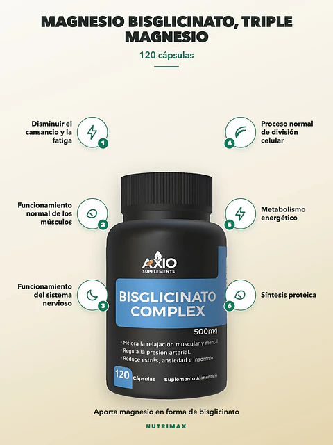 Magnesio Bisglicinato, Triple 500 mg con malato y taurato — 120 cápsulas