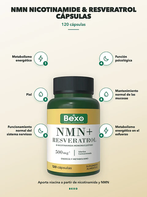NMN Nicotinamida & Resveratrol Bexo Cápsulas Antioxidantes — 120 cápsulas