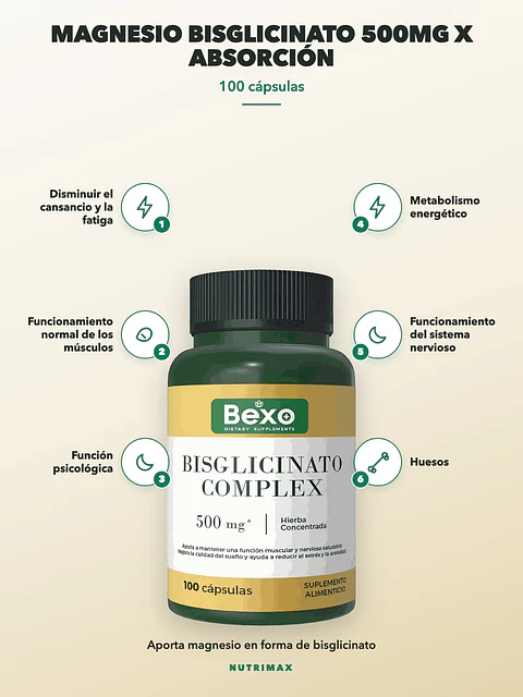 Magnesio Bisglicinato 500mg x Absorción Optima — 100 cápsulas