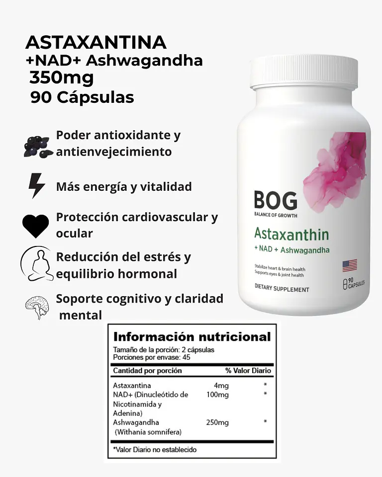 Astaxantina + Nad + Ashwagandha 90 Cápsulas 3