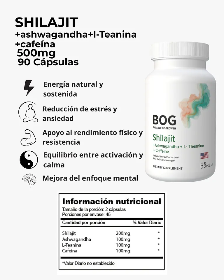 Shilajit + Ashwagandha + L-teanina + Cafeína 90 Cápsulas 2