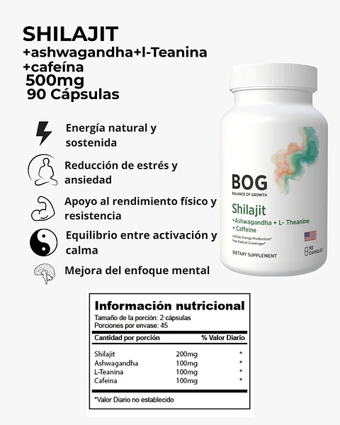X2 Shilajit + Ashwagandha + L-teanina + Cafeína 180 Cap