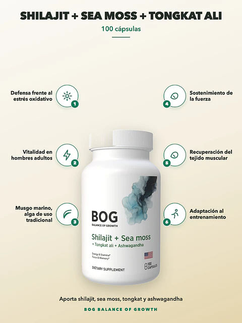 Shilajit + Sea Moss + Tongkat Ali + Ashwagandha BOG — 100 cápsulas
