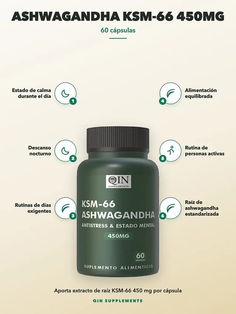 Ashwagandha KSM-66 450mg Qin Supplements — 60 cápsulas 2