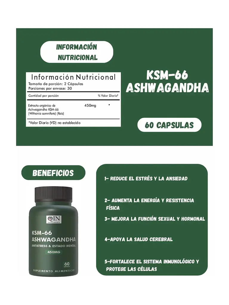 Ashwagandha KSM-66 450mg Qin Supplements — 60 cápsulas 3