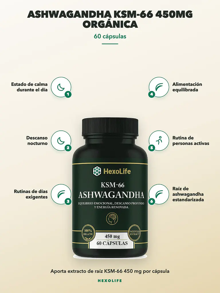 Ashwagandha KSM-66 450mg Orgánica HexoLife — 60 cápsulas 2