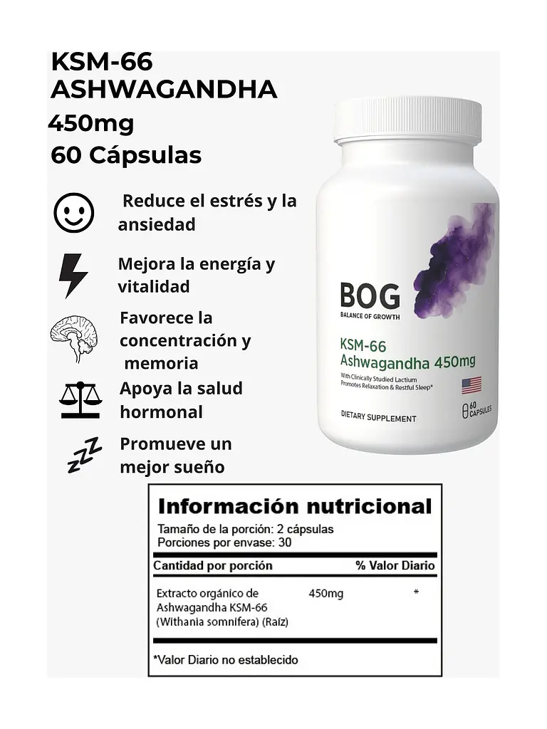 Ashwagandha KSM-66 450mg con Lactium BOG — 60 cápsulas 3