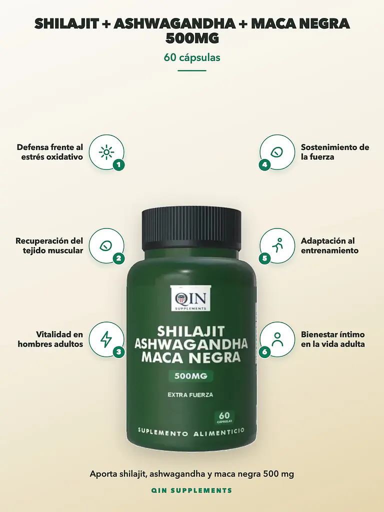 Shilajit + Ashwagandha + Maca Negra 500mg Qin Supplements — 60 cápsulas 2