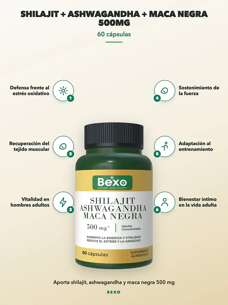 Shilajit + Ashwagandha + Maca Negra 500mg Bexo — 60 cápsulas 2