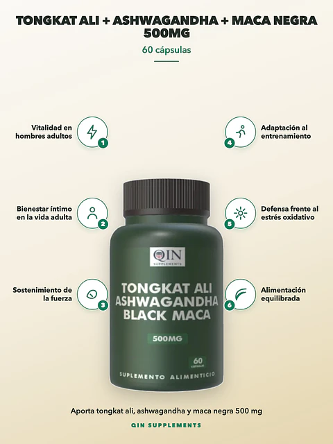 Tongkat Ali + Ashwagandha + Maca Negra 500mg Qin Supplements — 60 cápsulas