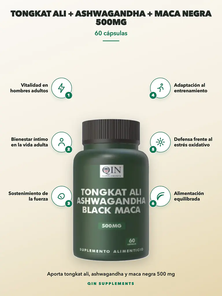 Tongkat Ali + Ashwagandha + Maca Negra 500mg Qin Supplements — 60 cápsulas 2