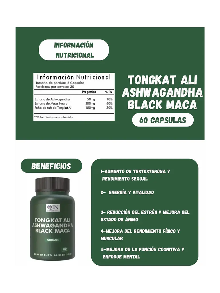 Tongkat Ali + Ashwagandha + Maca Negra 500mg Qin Supplements — 60 cápsulas 3