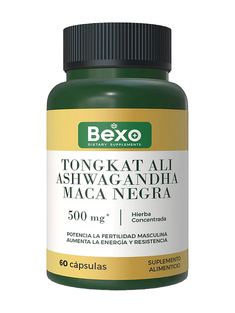 Tongkat Ali + Ashwagandha + Maca Negra 500mg Bexo — 60 cápsulas