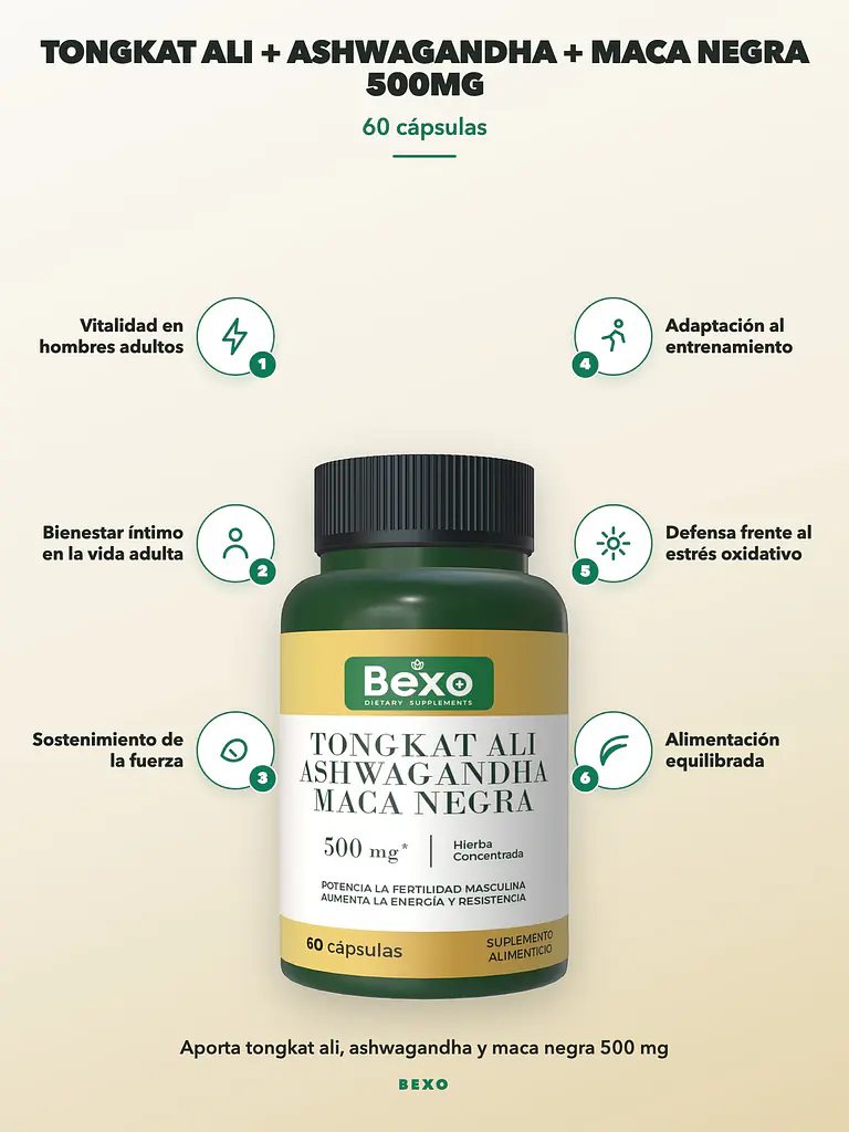 Tongkat Ali + Ashwagandha + Maca Negra 500mg Bexo — 60 cápsulas 2