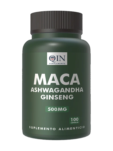 Maca + Ashwagandha + Ginseng 500mg Qin Supplements — 100 cápsulas