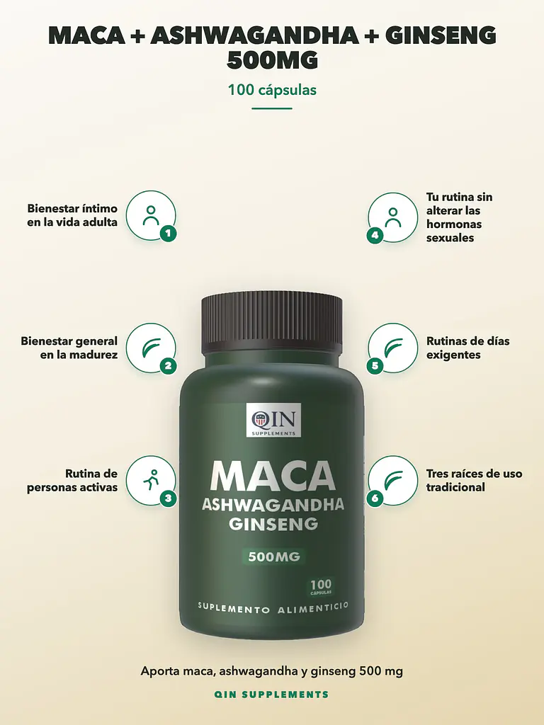 Maca + Ashwagandha + Ginseng 500mg Qin Supplements — 100 cápsulas 2