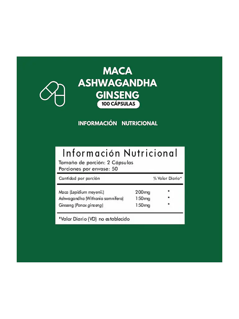 Maca + Ashwagandha + Ginseng 500mg Qin Supplements — 100 cápsulas 3