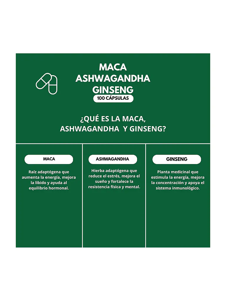 Maca + Ashwagandha + Ginseng 500mg Qin Supplements — 100 cápsulas 4