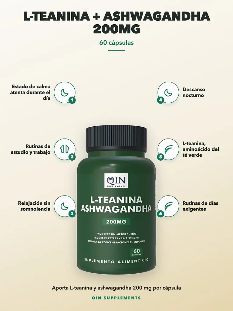L-Teanina + Ashwagandha 200mg Qin Supplements — 60 cápsulas 2