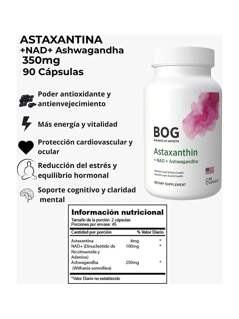 Astaxantina + NAD + Ashwagandha BOG — 90 cápsulas 4